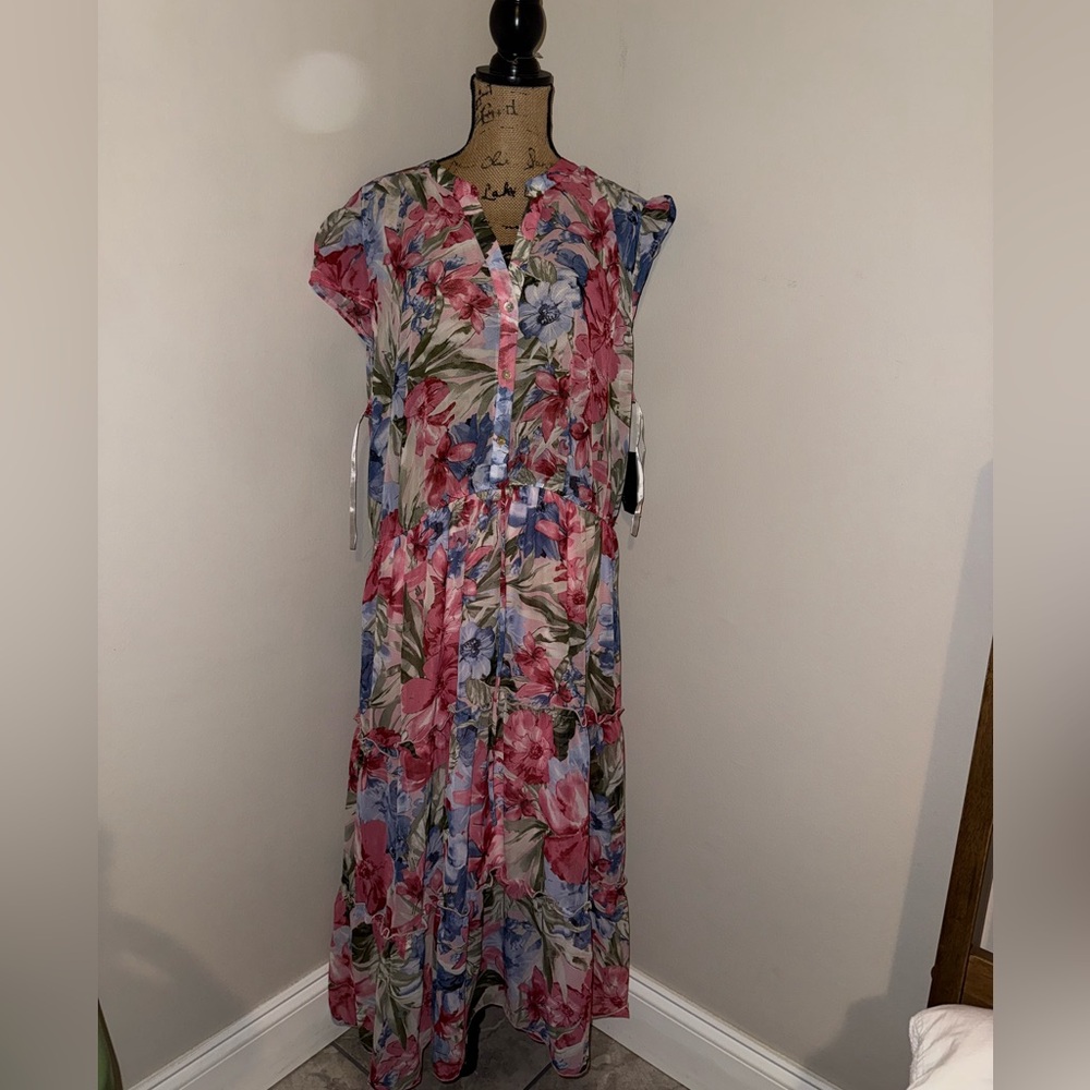 Floral Button-Front Maxi Dress in Pink & Blue